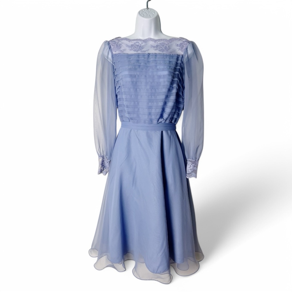 Miss Elliette - Women’s Vintage Belted Chiffon Dress Lace Periwinkle 60s Sz.‎ 10